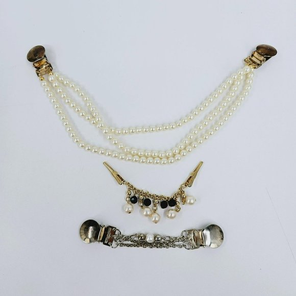Vintage Sweater Clasps Clips Costume Jewelry Bundle Set of 3 Pearl Bead Classic - Picture 1 of 12
